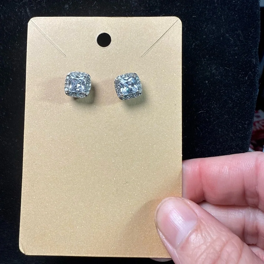 Mid Size Silver‎ Tone Rhinestone Stud Earrings
